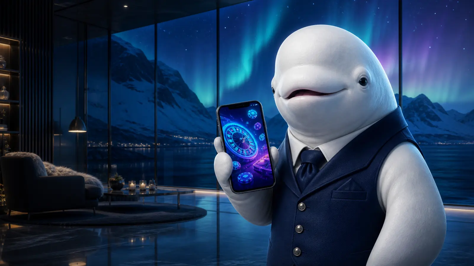 Hvithval presenterer Bizzo Casino-appen på mobil