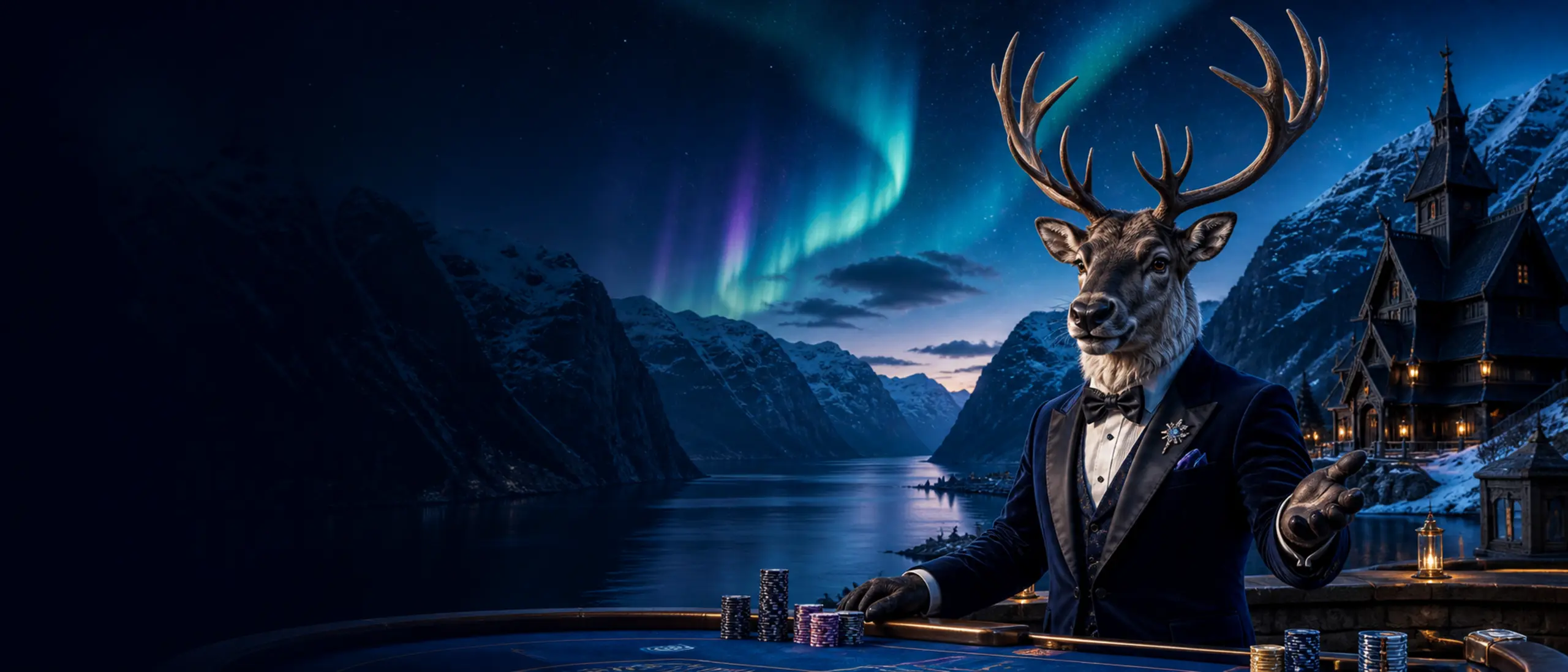 Norsk reinsdyrvert ved en vinterfjord hos Bizzo Casino
