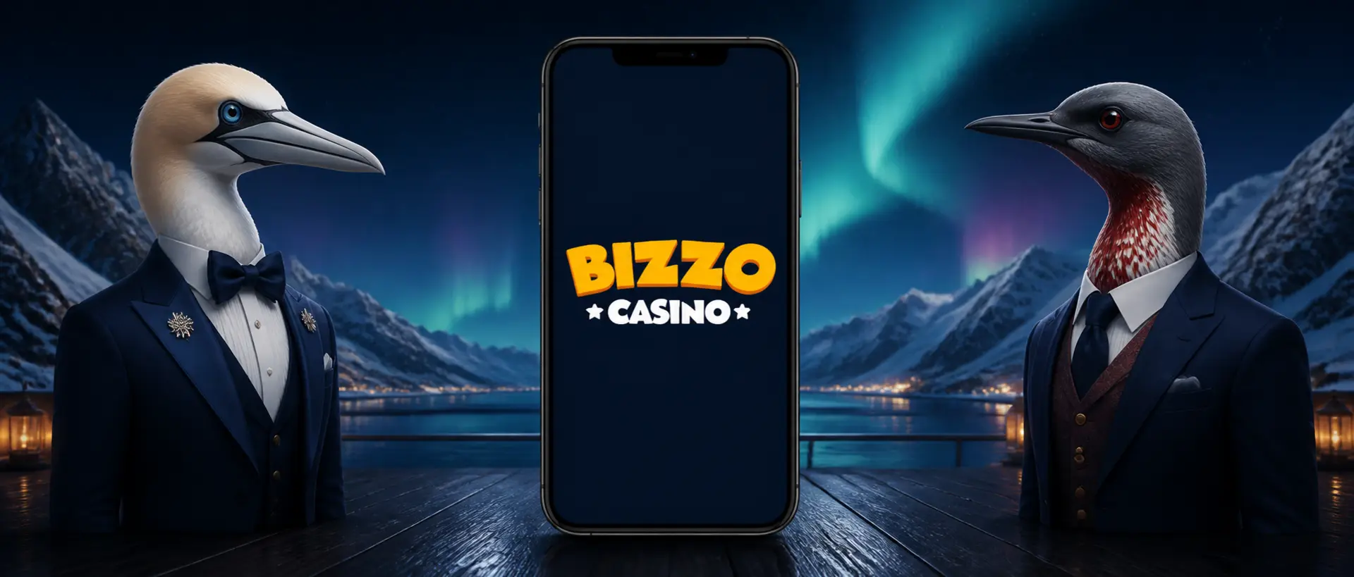 Havsule og smålom presenterer Bizzo Casino-appen på en mobiltelefon